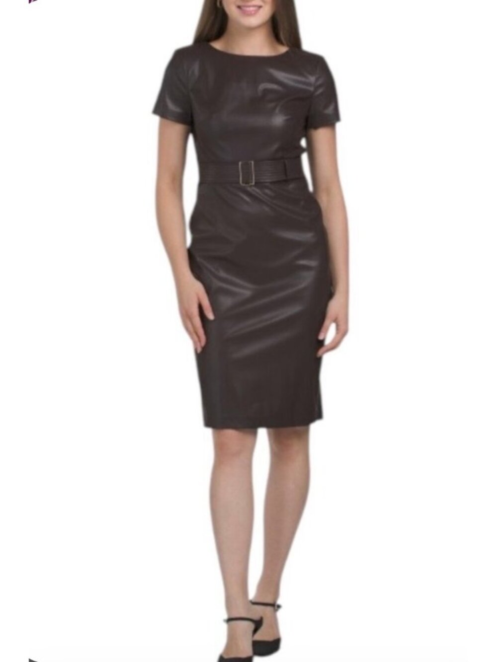 Calvin Klein Women’s Black Faux Leather Short Sleeve Sheath Dress Size 6